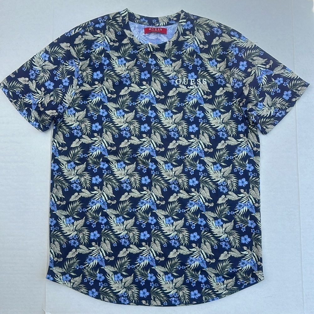 New Guess Navy Floral Tee with Blue and Beige Accents